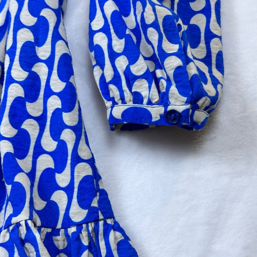 Zara Womens Blue White Flowy Dress With Belt Long Sleeves Ruffle Hem Size S - Picture 9 of 13